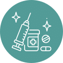 A teal icon displays a syringe, a medicine bottle with a cross, a round pill, and a capsule. Sparkles surround the syringe, indicating cleanliness or effectiveness—a perfect symbol for any veterinarian's toolkit.