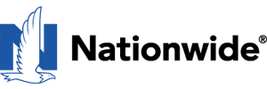Logo of Nationwide, featuring a stylized white eagle with wings raised, inside a blue square on the left, and the word “Nationwide” in bold black letters to the right, with the slogan “is on your side” underneath.