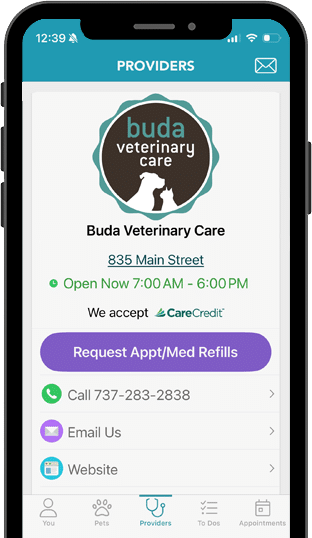 A smartphone screen displays the Buda Veterinary Care app, featuring veterinarian contact options, location, and hours. Clearly marked buttons allow you to call, email, or visit their website for all your vet needs.