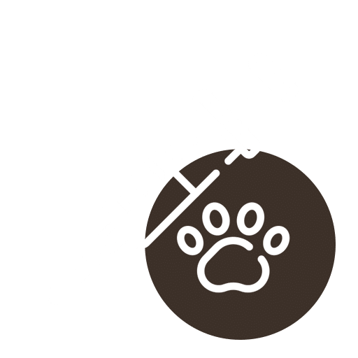 A white pet paw print inside a circle is partially overlapping a white square, all on a dark brown background.