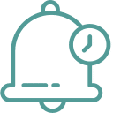 A teal bell icon with a clock symbol in the upper right corner, reminiscent of a vet's alert for timely notifications. The design is simple and outlined.