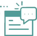 Icon of a conversation bubble containing three dots, indicating typing or a message in progress, overlaid on a document with lines resembling text. The design, in turquoise, is perfect for a veterinarian's digital communications.