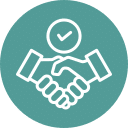Icon of two hands shaking with a checkmark above them, set inside a teal circle, symbolizing trust and assurance. Perfect for a veterinarian’s logo, it reflects the commitment and care inherent in the vet profession.