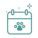 A teal calendar icon with a paw print in the center, possibly marking a veterinarian appointment or pet-related event, is accompanied by small sparkles around the top right corner.