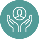 A teal circle with a white line icon of two hands cupping a circle that contains a silhouette of a person, symbolizing the compassionate care provided by veterinarians.