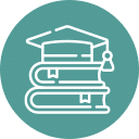 Icon depicting a graduation cap resting on two stacked books, symbolizing the pursuit of knowledge, set against a teal circular background. Perfect for aspiring veterinarians seeking to combine education with their passion for animal care.