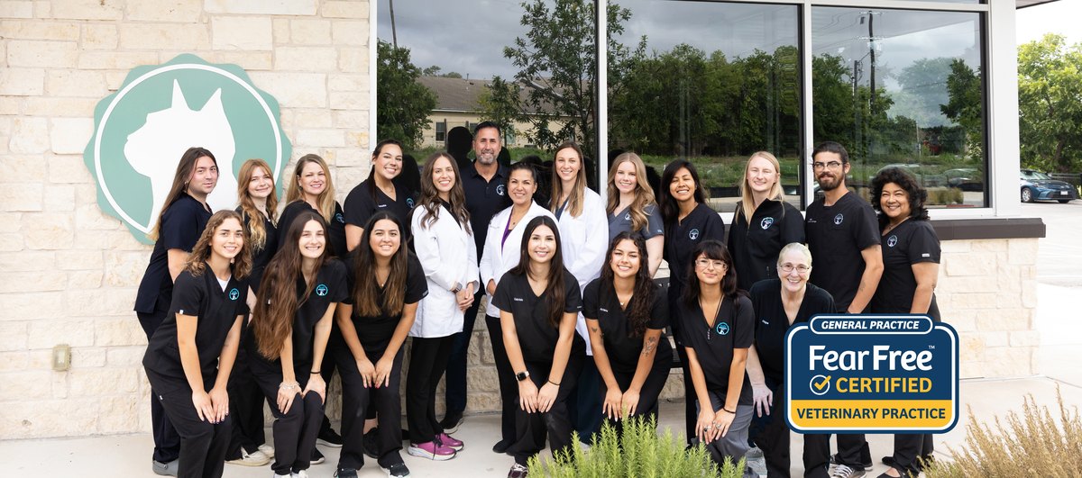 The Buda Veterinary Care team with the Fear Free Certified Veterinary Practice badge. Learn about our Fear Free care.