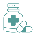 Illustration of a medicine bottle with a cross symbol on it, accompanied by two large capsules, suggesting the concept of veterinary healthcare or medication. The image is in a monochrome teal color, capturing the essence of veterinarian practices.