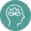 Icon of a human head with a lotus flower inside, symbolizing mindfulness or mental wellness, on a teal circular background—much like how a veterinarian cares for the well-being of animals.