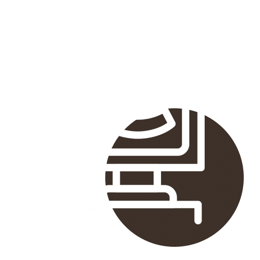 A white icon of a desktop computer with a partial circular cutout on the bottom right, set against a dark brown background.